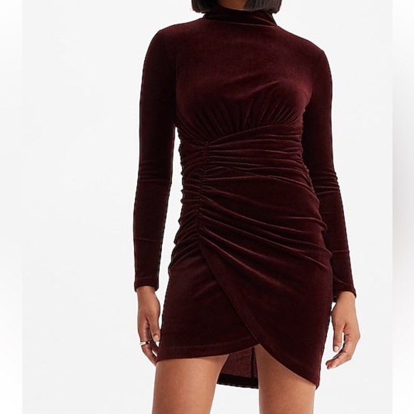 Small- VELVET BODY CONTOUR MOCK NECK RUCHED MINI DRESS - Picture 5 of 7
